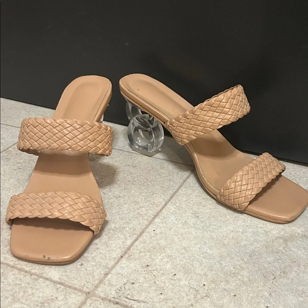 Elegant Tan Woven Heeled Sandals - Picture 1 of 2